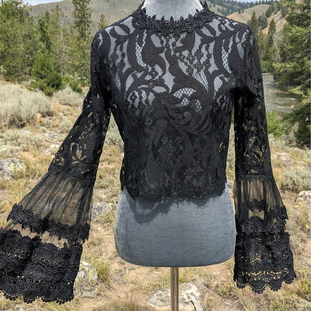 Black Lace Bell Sleeve Crop Top M Sheer Mesh Whimsigoth Romantic Goth Victorian